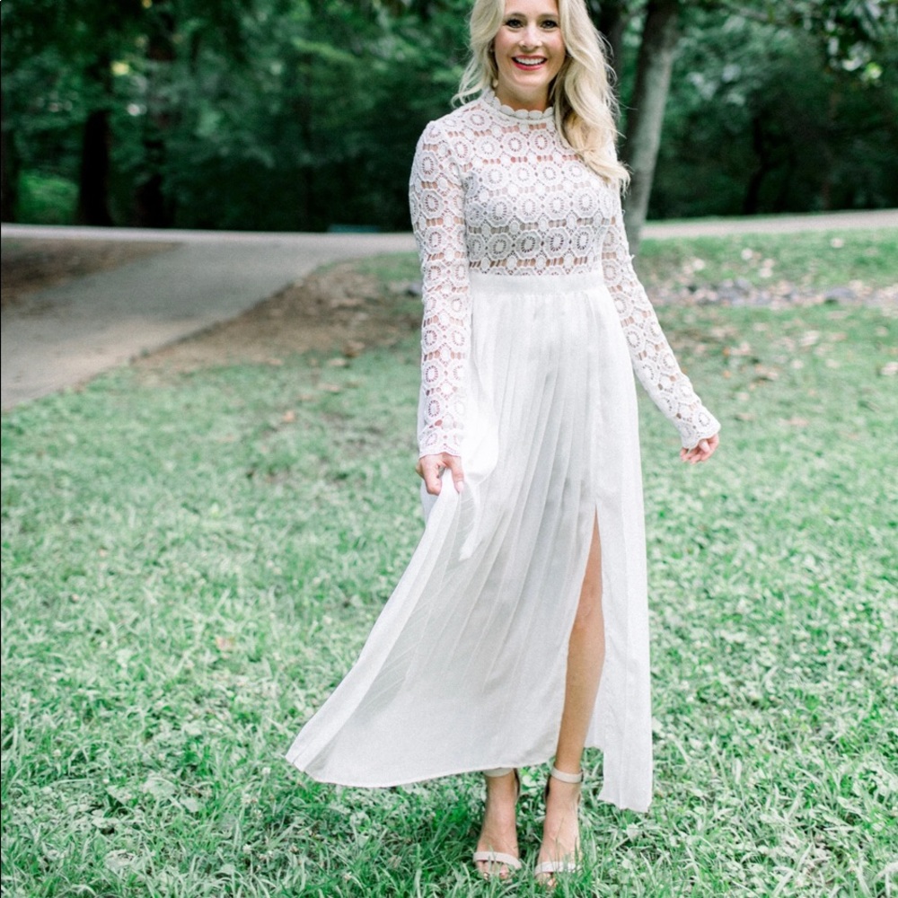 White floor length maxi dress with lace sleeves